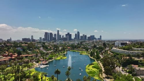 Skyscrapers in Los Angeles From Echo Park City View of LA with Echo Park Foreground Aerial Shot Over