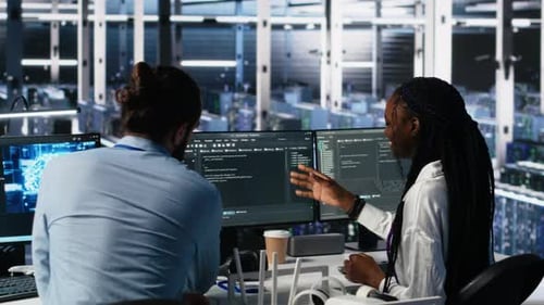 Data Center Coworkers Having Fun in Office Using AI