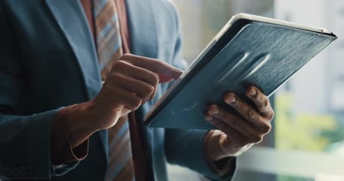 Scroll, tablet and hands of business people in office for website, research and online project