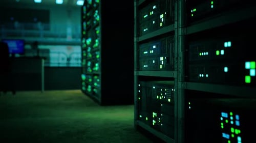 Data Center with Multiple Rows of Fully Operational Server Racks