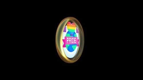 Golden 3D Badge Animation with Pride Text and Rainbow Heart
