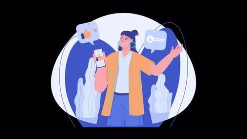 Animated Woman Using Phone with Social Media Icons