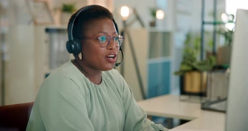 Call center, consultation and black woman agent in office for inbound crm, sales and telemarketing