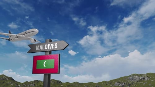 Maldives Flag With Airplane And Arrow Sign