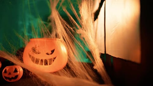 Spooky Halloween Pumpkins and Spiderwebs Decoration