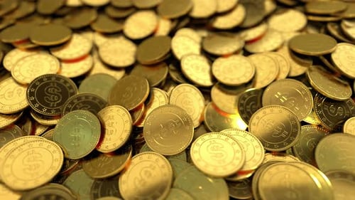 Moving Pile of Golden Dollar Coins Shimmering Background