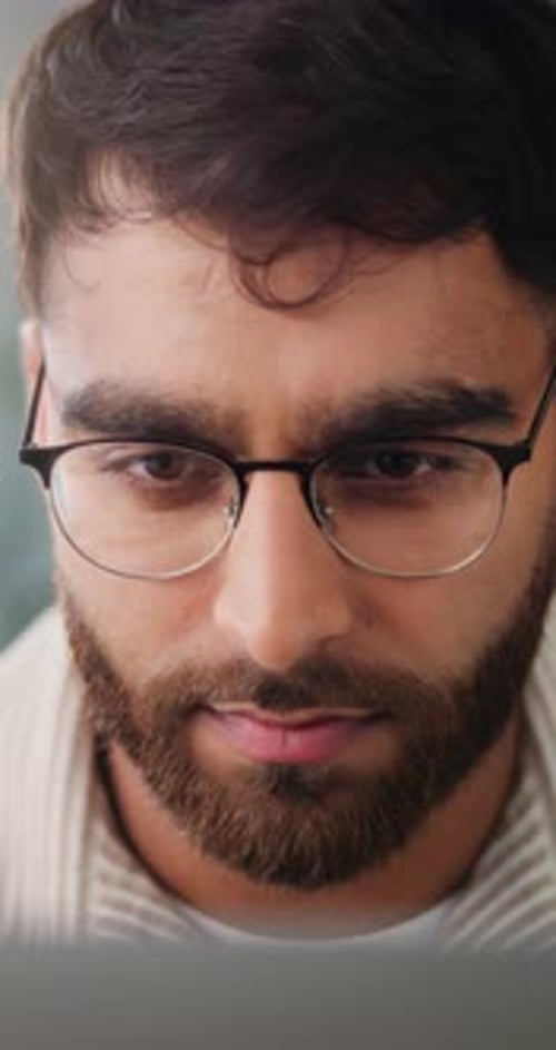 Computer, glasses and business man with online project, programming or problem solving