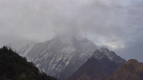 A cloud time-lapse over the snow peaks of the Himalaya Mountains.