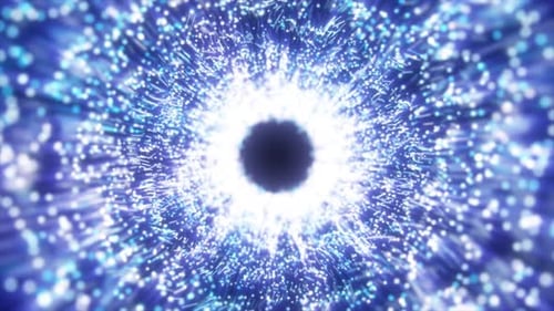 Abstract blue energy tunnel made of particles and a grid