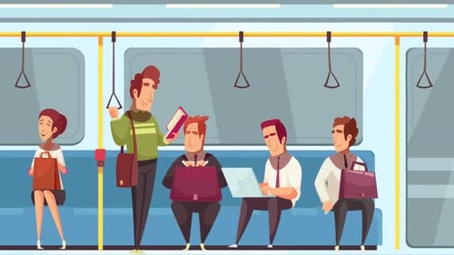 Animated Illustration of People Commuting and Working on a Subway