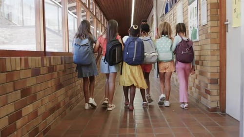 Rear view of happy diverse schoolgirls with school bags walking in corridor at elementary school