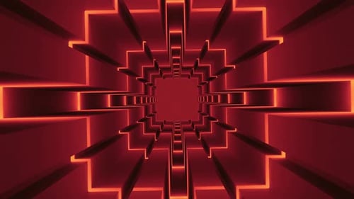 Flying inside red squared spinning tunnel