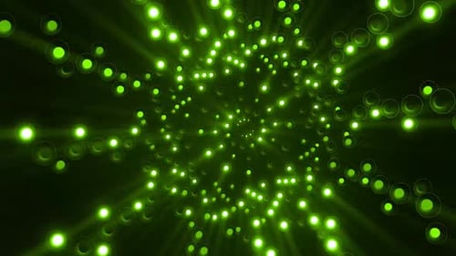 Dynamic green bokeh light tunnel swirling into infinity
