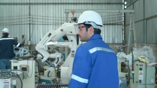 Porträt eines jungen Mannes: Ingenieure manipulieren die Hand eines Schweißroboters
