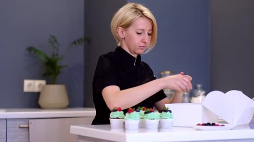 Hands of Female Pastry Chef Packaging Freshly Made Cupcakes with Buttercream Frosting Into Gift Box