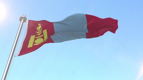 Flag of Mongolia Waving Against Clear Blue Sky