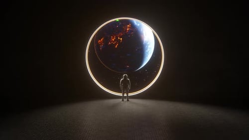 Astronaut Stands Before Glowing Portal to Distant Burning Planet