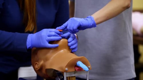 Medical Trainees Practicing Airway Insertion on Dummy