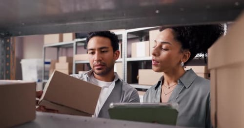 People, tablet and shelf with box in warehouse for logistics, delivery information and inventory