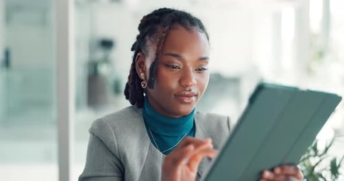 Black woman, tablet and smile in office at startup for insight, notes or checklist for project
