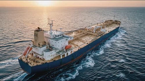 Massive Cargo Ship Sailing on Open Ocean at Sunset