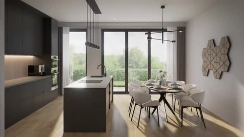 Kitchen-dining room, room in a modern minimalist style. Open space. 3D rendering.