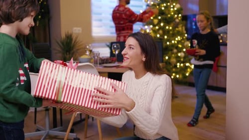 Son Presents Christmas Gift to Mother at Home