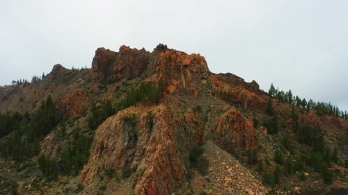 Desert Mountain Volcanic Landscape on Teide National Park with Coniferous Forest on Cloudy Day