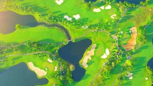 Drone flying over golf course in the morning with sunshine