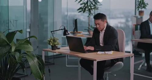 Asian Japanese Young Business Man In Formal Wear Using Laptop Social Media Communicating Online