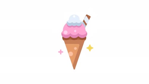 Animated Strawberry Ice Cream Cone Flat Style