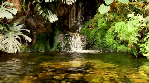 Slow Motion Small Mountain Waterfall Into Rocky Pool