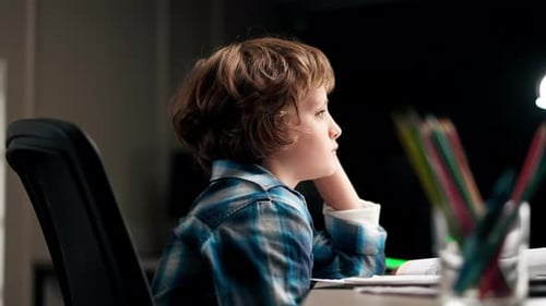 Close Up in the Children's Room a Schoolboy in a White Sweater and a Blue Checkered Shirt at a Desk