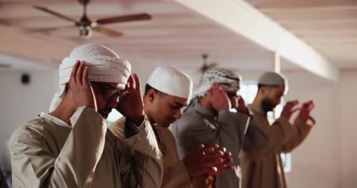 Man, muslim and praying with salah at mosque in jamaah for holy gathering