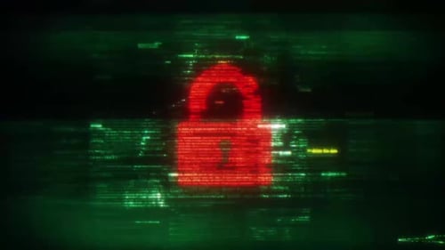Cyber Security Lock Icon Glitch Reveal with Hacking Code