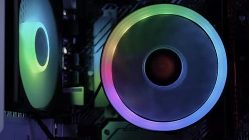 Power on of Personal Computer Cooling Unit with the Fan of the Stylish Modern PC Close Up Shot