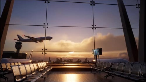 Empty Waiting Room In Airport Terminal At Sunset. Airplane Takes Off