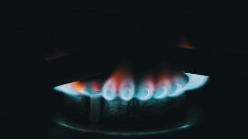 Brennende blaue Gasflamme auf einem Küchenherd in Macro