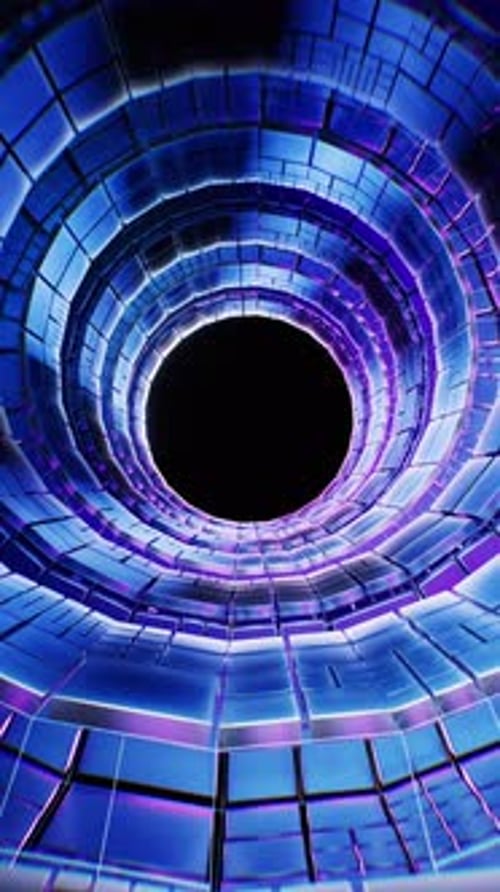 Neon technological ring tunnel with cube board structure, 3d rendering.