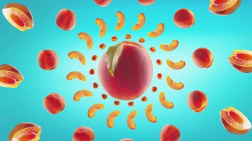 Delicious Peaches and Slices Rotating on Blue Background