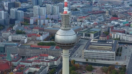 Aerial Perspective of the Berlin Fernsehturm in Alexanderplatz Showing Iconic Sphere Rotating