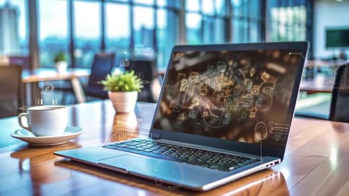 Laptop Showing Ideas Concept and a Cup of Coffee in Modern Office