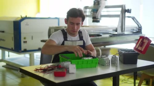 Electrician Assembles Electrical Panel Fuse Box in Workshop Worker Installs Energy Meter Switches