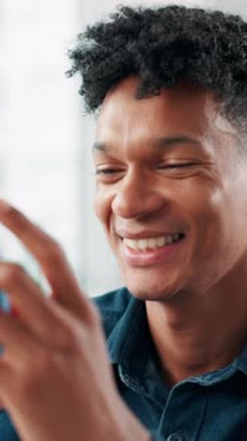 Phone, happy and businessman in office with networking, communication or contact with email