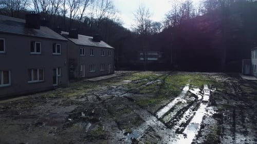 Abandoned houses on a island by natural disaster water flood in Belgium drone footage in 4K