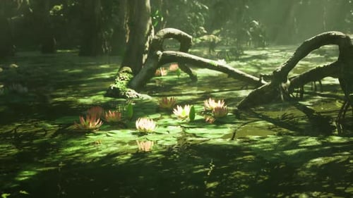 Enchanted Mossy Wetlands with Delicate Blooms and Tranquil Mirrored Pools