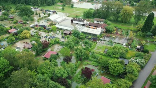 Flood affected houses and roads of overflowing river Rhein in Waldshut, Germany