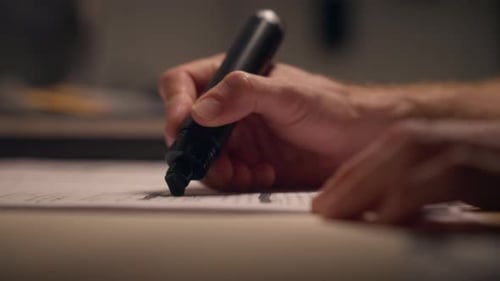 Verwenden Sie die Hand mit einer schwarzen Markierung, um Informationen und Text aus dem Bericht auszublenden oder zu zensieren. Geheim oder geheim