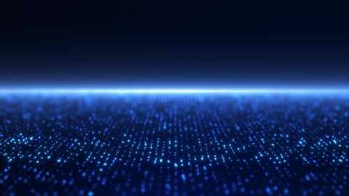 Digitale Science-Fiction-glühende Wellenpunkte auf Sonnenaufgangshintergrund mit dunkler Technologie.