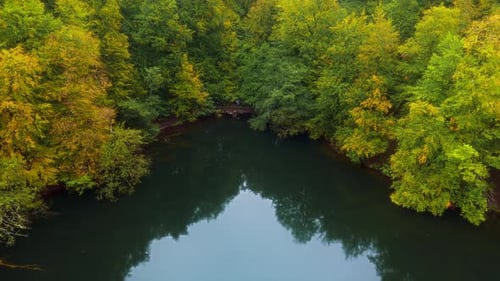 Aerial View of Placid Lake in Autumn Forest